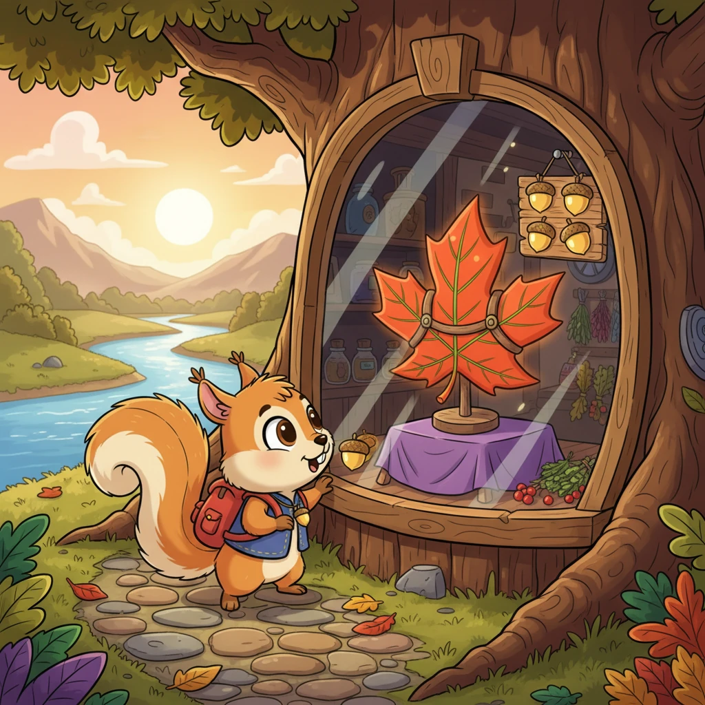 Un día, mientras paseaba, Nico se detuvo frente al escaparate de la tienda, sus ojos se abrieron de par en par. Allí estaba, ¡el increíble Súper Planeador de Hojas de Arce! Con él, podría surcar los cielos y volar sobre el ancho río. Pero su corazón se encogió al ver el precio: ¡veinte relucientes Bellotas de Oro!