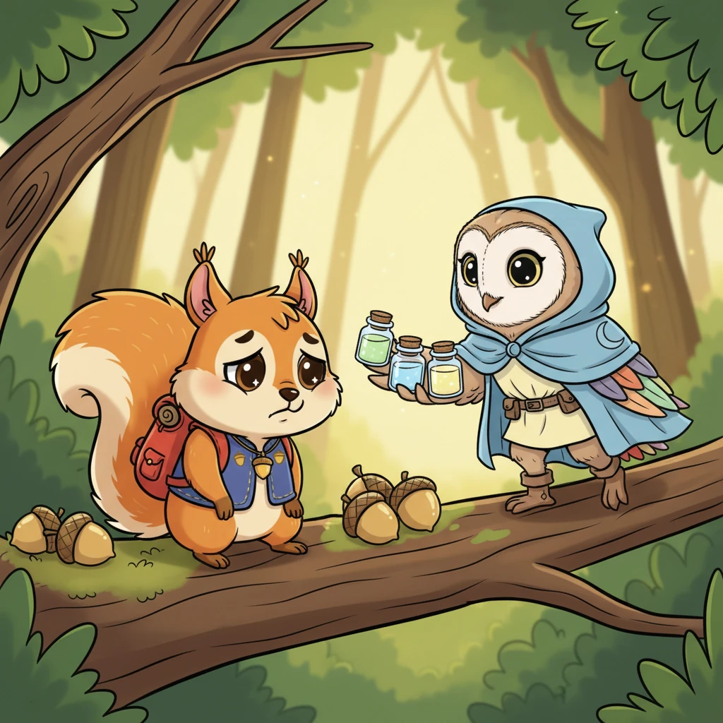 "¡Es imposible!", suspiró Nico con desánimo, sus orejas caídas. "Solo consigo cinco bellotas a la semana y siempre se me escapan". Justo entonces, su sabia amiga, la Lechuza Luna, se posó a su lado y le entregó tres pequeños frascos de cristal.
