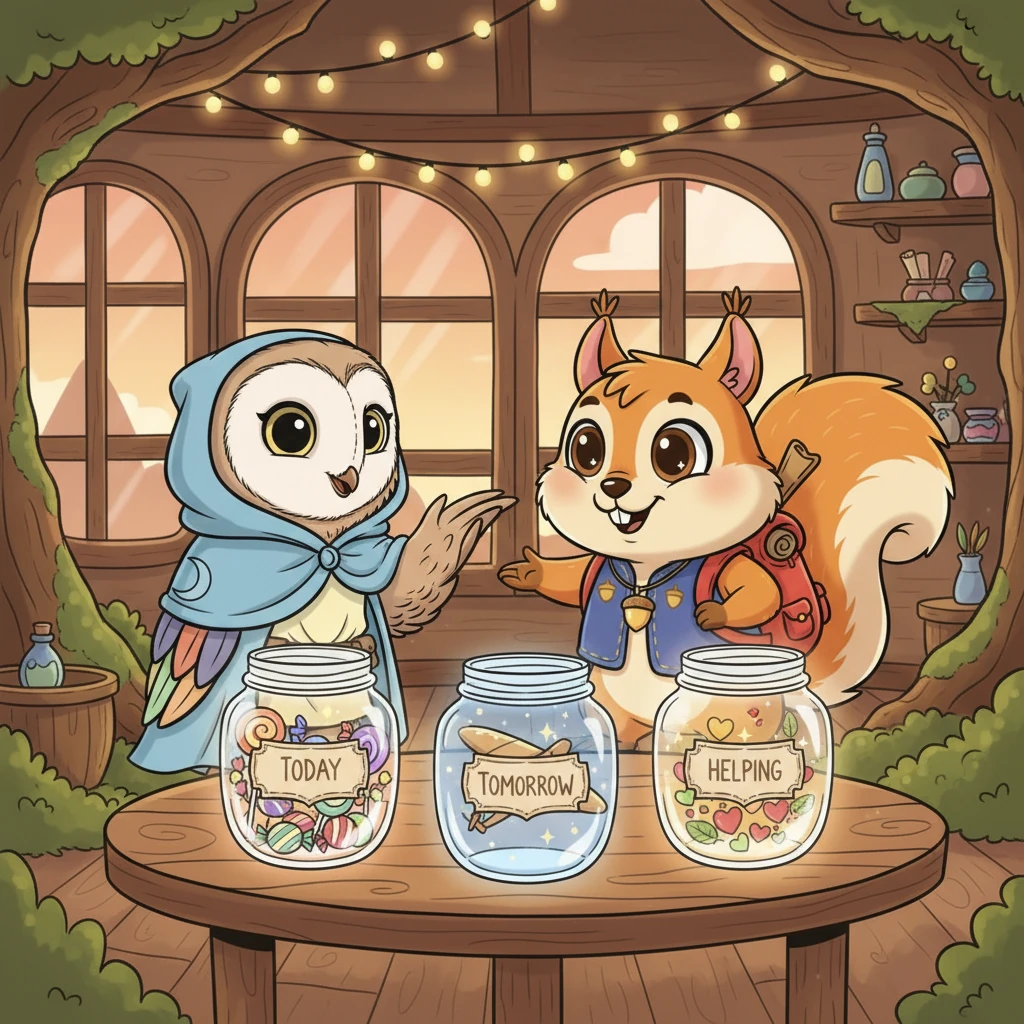 "Nico, te enseñaré la regla de los tres frascos", explicó la Lechuza Luna con una sonrisa. "El Frasco del Hoy es para tus caprichos, como los caramelos. El Frasco del Mañana es para tus grandes sueños, como el Planeador. Y el Frasco de Ayudar es para compartir y hacer feliz a un amigo". Los frascos brillaban con sus etiquetas claras y prometedoras.