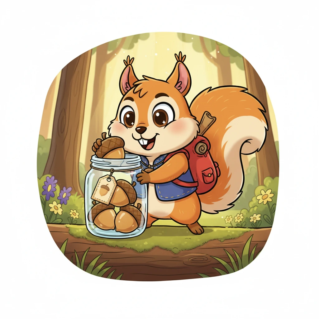 La primera semana fue una verdadera prueba para Nico; ¡quería todos los caramelos de savia! Pero, con un gran esfuerzo, logró guardar tres preciosas bellotas en el "Frasco del Mañana". Ver cómo el frasco comenzaba a llenarse lo hizo sentir como un valiente capitán de tesoros, guardando su botín con orgullo.