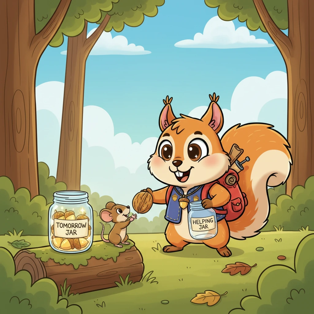 Cuatro semanas pasaron volando, y Nico había cambiado mucho. No compró más juguetes que se rompían, e incluso usó su Frasco de Ayudar para compartir una deliciosa nuez con un pequeño ratoncito. ¡Y lo mejor de todo! Su Frasco del Mañana ahora brillaba con las veinte bellotas de oro que necesitaba. Nico las contaba con una sonrisa radiante.