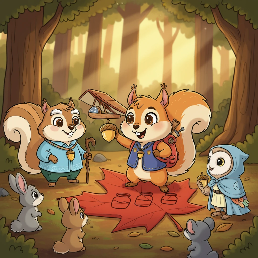 Nico, con su flamante planeador, se convirtió en una inspiración para todos en el bosque. Compartió con entusiasmo su historia y la "regla de los tres frascos" con sus amigos, ayudándoles a entender el valor de planificar y soñar en grande. Dibujó los frascos en una gran hoja de arce, explicando con gestos animados.