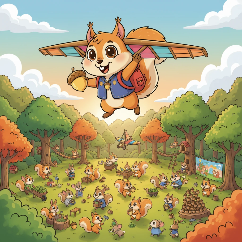 Y así, el Gran Bosque Verde se llenó de ardillas y otros animalitos que aprendieron a ahorrar y a perseguir sus sueños. Nico no solo tenía su planeador, sino también la inmensa alegría de haber ayudado a sus amigos a construir su propio mañana. Desde el cielo, veía el bosque lleno de pequeños constructores y soñadores, y su corazón se hinchaba de felicidad.