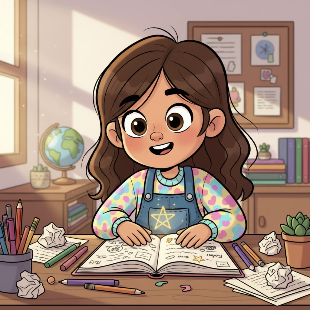 Alba, una niña de ojos brillantes y sonrisa alegre, se sienta en un acogedor escritorio desbordante de bolígrafos de colores y papeles arrugados. Un manuscrito a medio terminar titulado 'Lili como tú - Parte Dos' descansa abierto ante ella, con una única y esperanzadora estrella brillando sobre él. Sus ojos chispean con la promesa de una nueva aventura.