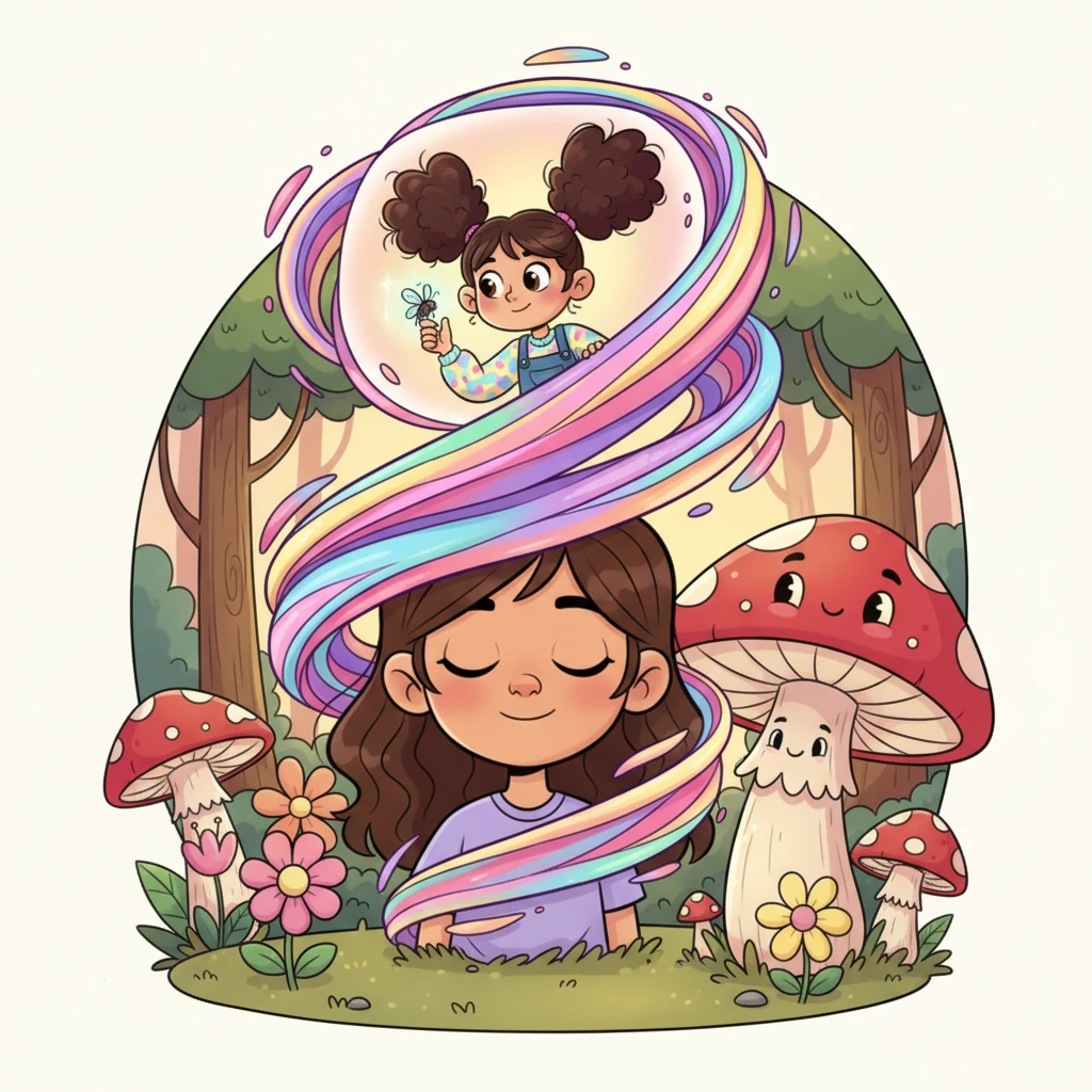 Alba cierra los ojos y un remolino mágico de colores aparece alrededor de su cabeza. En su mente, Lili, una niña enérgica con coletas saltarinas y una expresión curiosa, se asoma por detrás de una seta gigante y amigable en un bosque caprichoso. Lili sostiene un pequeño insecto brillante, lista para el descubrimiento.