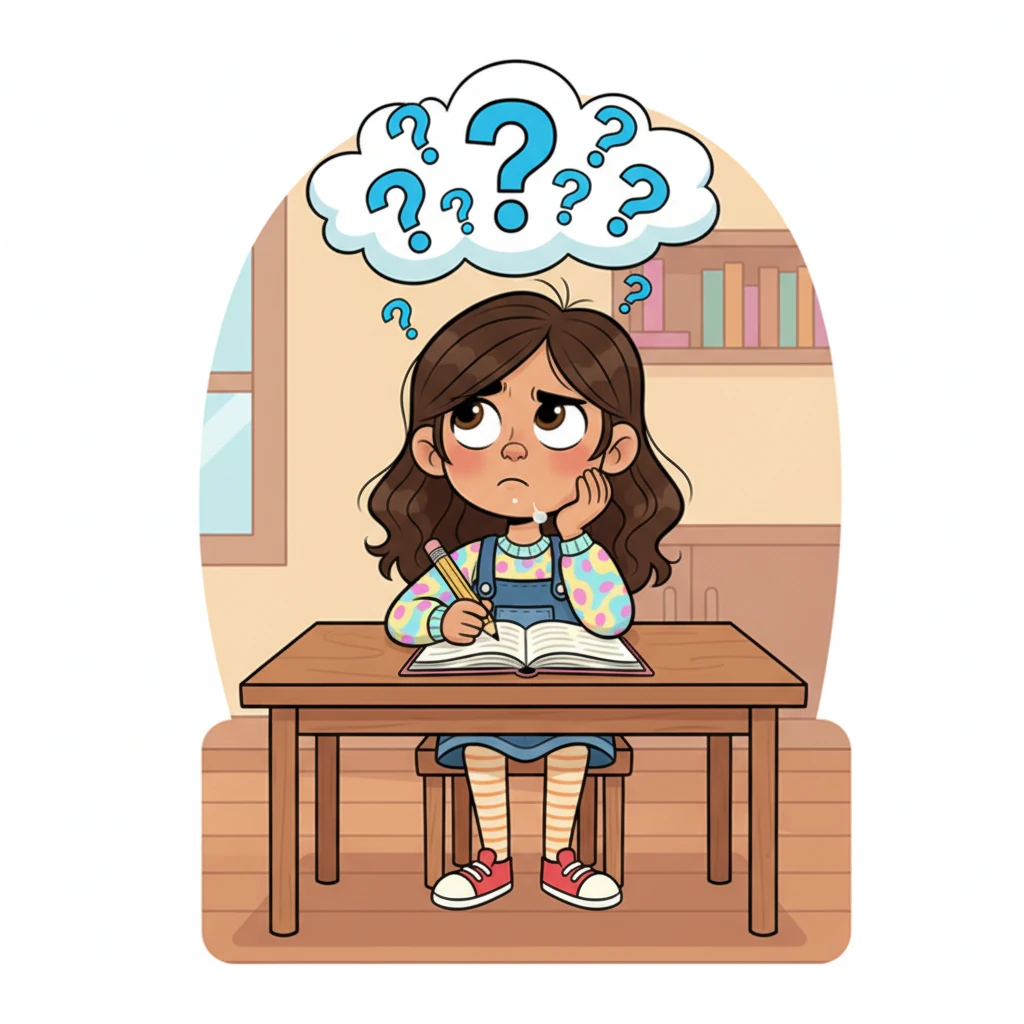 La expresión alegre de Alba se convierte en un ceño fruncido y pensativo, con la barbilla apoyada en la mano. Su escritorio ahora parece tener una nube de signos de interrogación flotando sobre él, y su bolígrafo se cierne inútilmente sobre la página en blanco. Un pequeño suspiro frustrado escapa de sus labios al sentirse atascada.