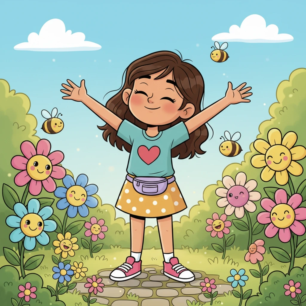 Alba decide tomar un descanso, saliendo a un jardín bañado por el sol, lleno de flores sonrientes de gran tamaño y abejas zumbando. Estira los brazos hacia el cielo, inhalando el dulce aroma de las flores, esperando que la inspiración florezca como las plantas a su alrededor.