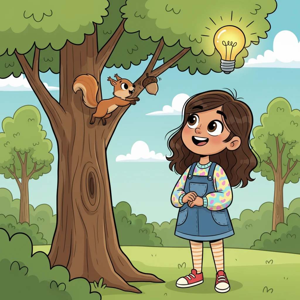 Mientras Alba observa a una ardilla juguetona persiguiendo una bellota saltarina por un árbol, una bombilla literalmente aparece sobre su cabeza, brillando con una alegre luz amarilla. Las travesuras de la ardilla encienden una idea traviesa para la próxima aventura de Lili. Una amplia sonrisa se extiende por el rostro de Alba.