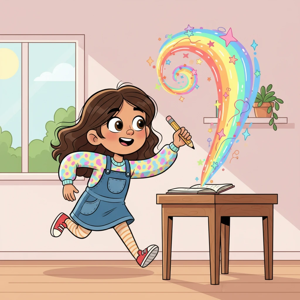 Con energía renovada, Alba corre de vuelta a su escritorio, con los ojos bien abiertos de emoción. Su bolígrafo baila sobre la página, dejando un rastro de palabras brillantes. La nube de signos de interrogación ha desaparecido, reemplazada por un arcoíris de ideas en espiral.