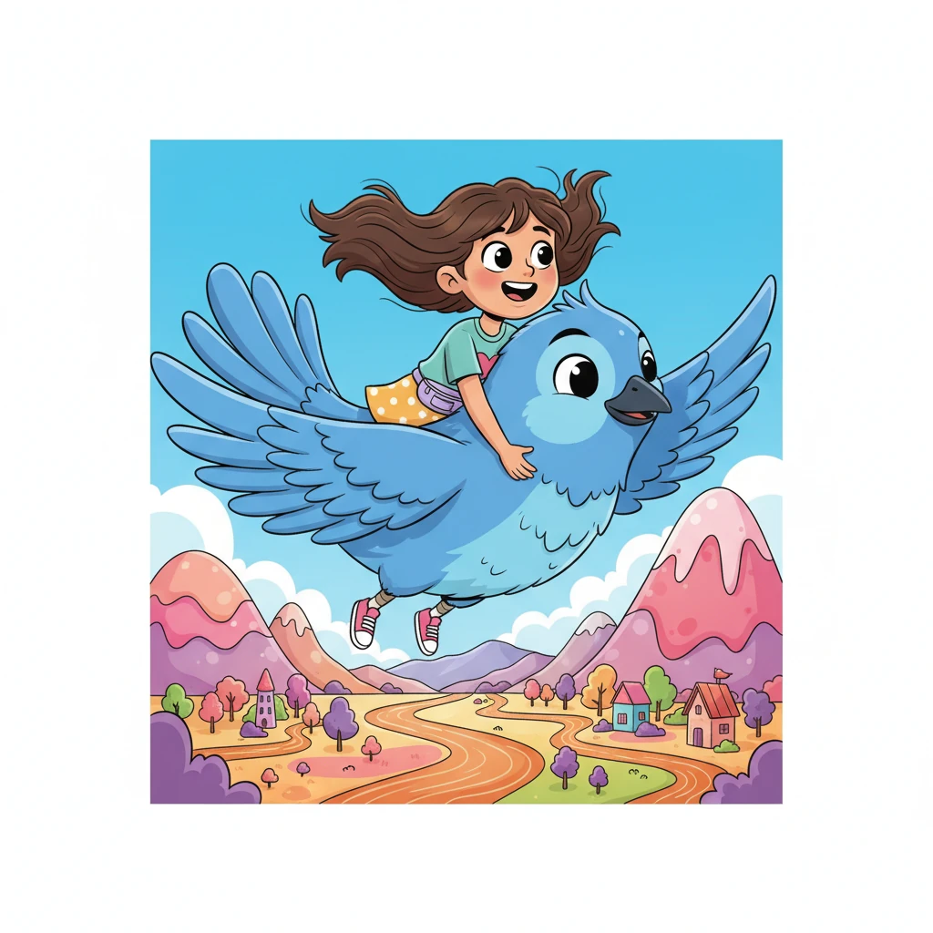 En la página, Lili ahora vuela por el cielo a lomos de un magnífico y amigable pájaro azul, con sus coletas ondeando detrás de ella. Debajo, un vibrante paisaje de montañas y ríos de color caramelo se extiende, listo para la exploración. El rostro de Lili irradia alegría.