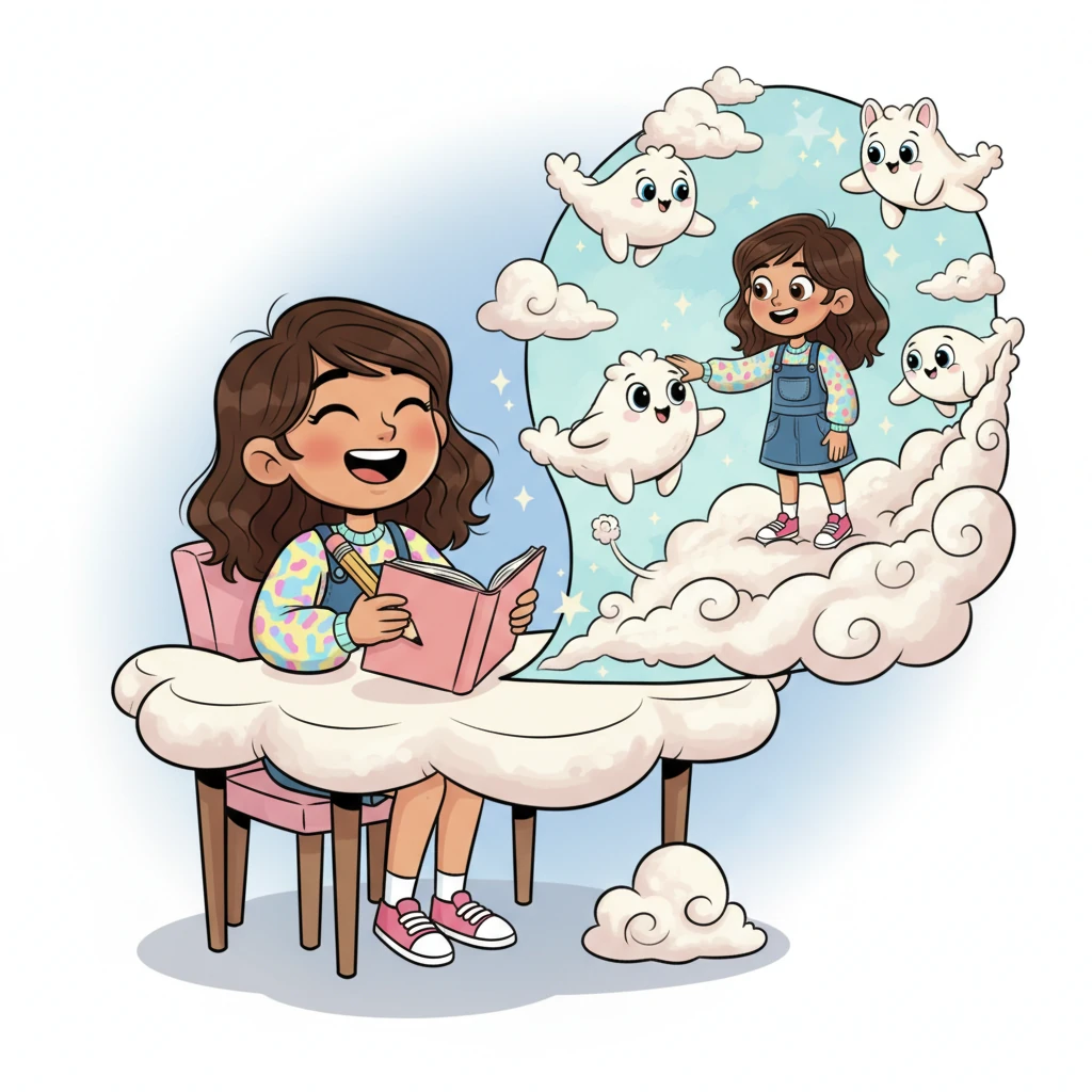 Alba se ríe mientras escribe, imaginando a Lili encontrándose con un grupo de criaturas esponjosas que habitan en las nubes y que le ofrecen un paseo en sus suaves y elásticos lomos. Lili se acerca para acariciar a una, con los ojos llenos de asombro. La escena está llena de texturas suaves y movimientos delicados.