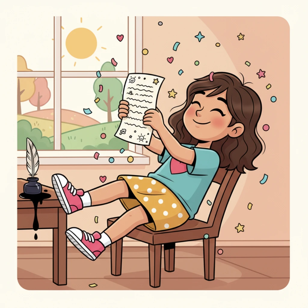 Alba se reclina en su silla, con una expresión de inmensa satisfacción y orgullo en su rostro. Sostiene un capítulo recién escrito, sus páginas llenas de caligrafía ordenada y pequeños garabatos alegres en los márgenes. Una lluvia de confeti festivo brilla a su alrededor.