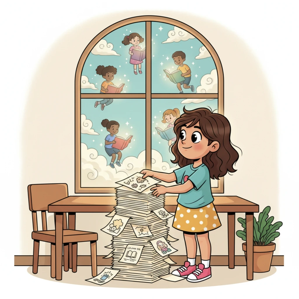 Alba coloca suavemente el capítulo terminado junto a la creciente pila de páginas de 'Lili como tú - Parte Dos'. Mira por la ventana, imaginando a niños de todas partes leyendo las nuevas aventuras de Lili, sus propias imaginaciones echando a volar. Un resplandor esperanzador y feliz la rodea.