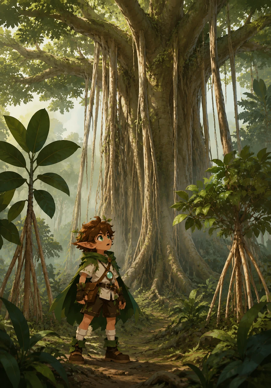 Deep in a misty jungle, Rooty looks up in amazement at a mighty Banyan tree with thick prop roots hanging down from its branches like heavy wooden pillars to push into the ground. Nearby, he spots a rubber plant and a laurel tree, which also use these hanging pillar roots for extra balance.