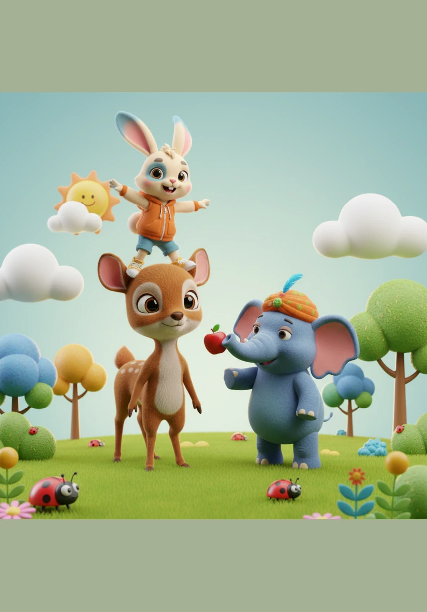 In a lush and peaceful green forest, a group of very different animals lived together in perfect harmony. Kancil the clever mousedeer, the energetic Rabbit, the strong Elephant, and the tiny Mouse all spent their mornings playing under the warm, golden sun surrounded by towering, leafy trees.