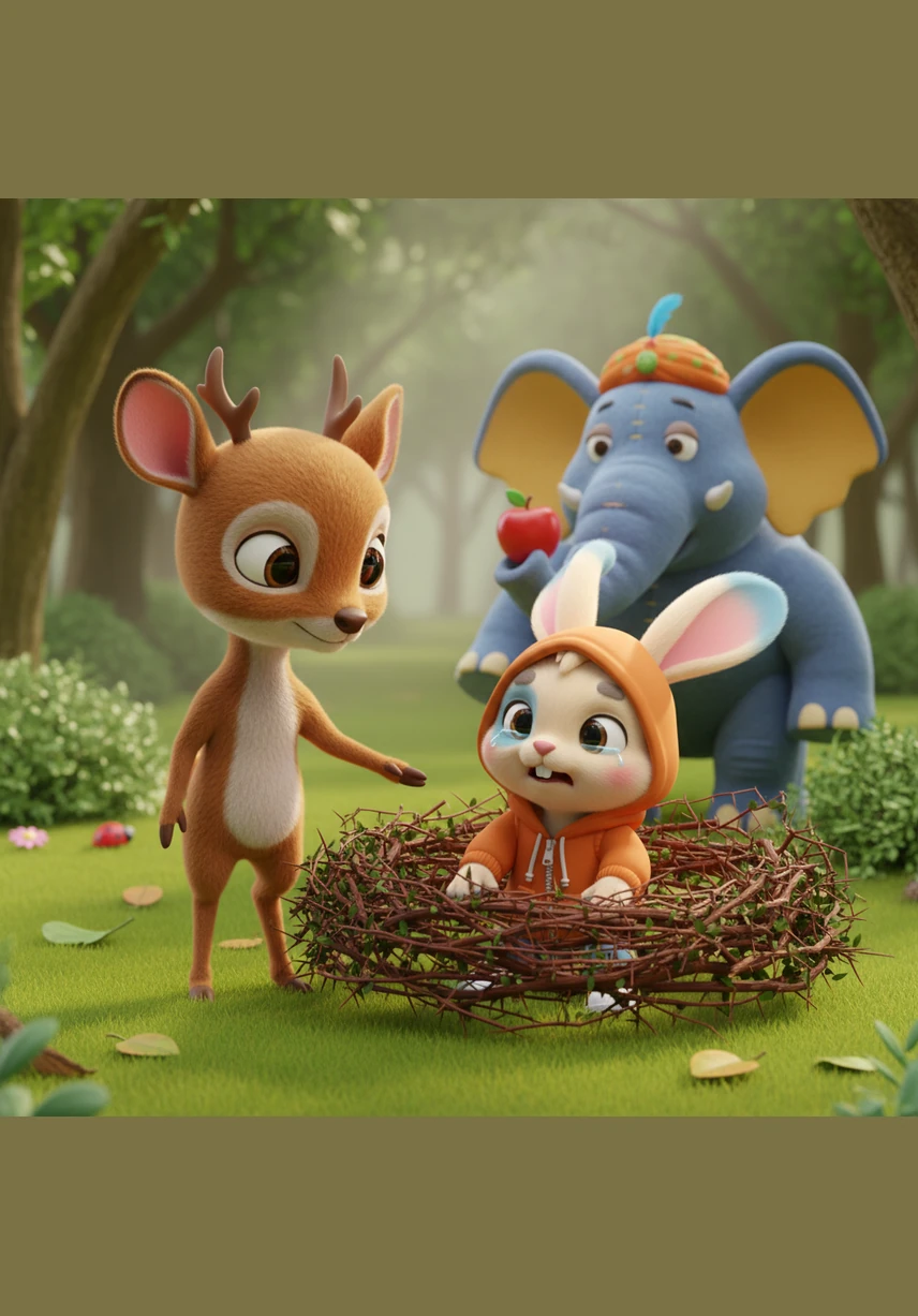 Kancil heard the cries and rushed to the scene, finding his friend trapped and trembling among the brambles. He spoke in a calm, soothing voice to comfort Rabbit while his clever mind quickly planned a safe way to rescue his friend from the prickly trap.