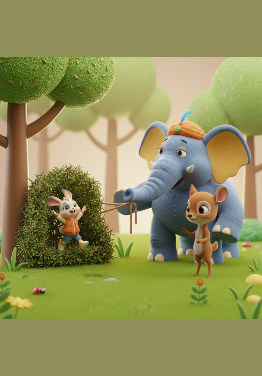 Kancil called for Elephant, who arrived with a thundering step and a gentle spirit. Using his long, powerful trunk, Elephant carefully pulled the thorny bushes away one by one, allowing Rabbit to hop out into the clearing safely with a big smile of relief.