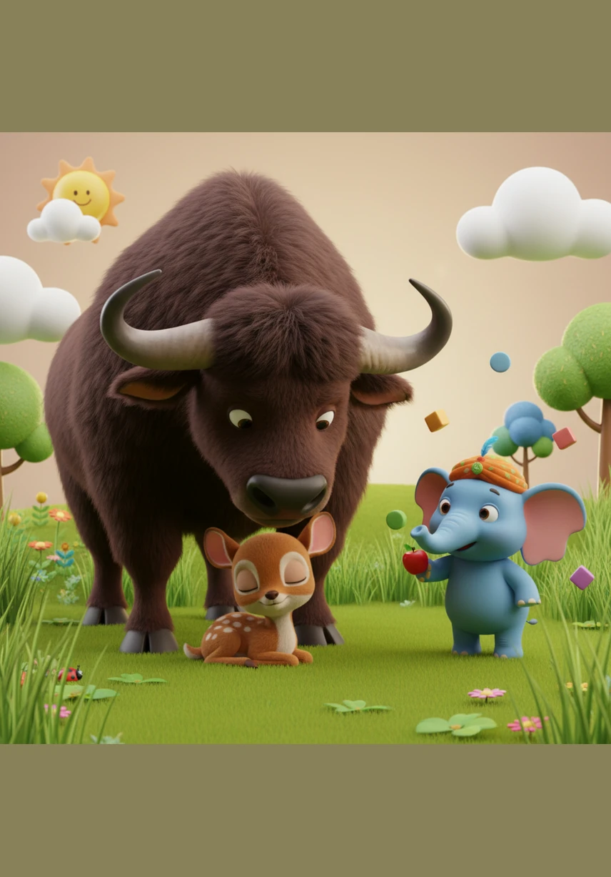 Buffalo happened to be grazing nearby and immediately walked over to the injured Monkey with great concern. He lowered his massive, steady head and invited Monkey to climb onto his broad back so he could be carried to a safe place to rest and heal.