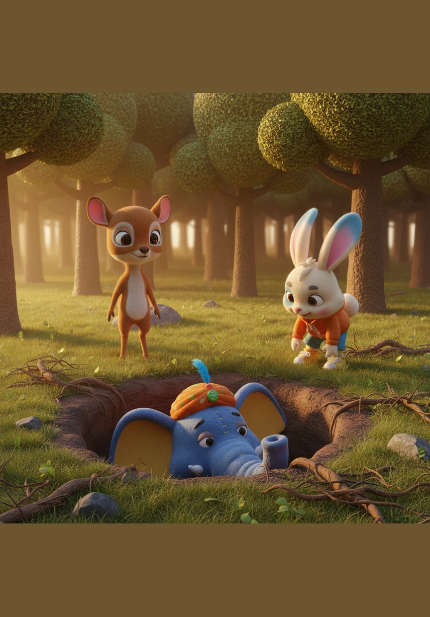 Later that day, the animals were exploring a new part of the woods when the mighty Elephant accidentally stepped into a deep, hidden hole. Despite his great strength, the walls were too steep and slippery for him to climb out on his own, and he began to feel worried.