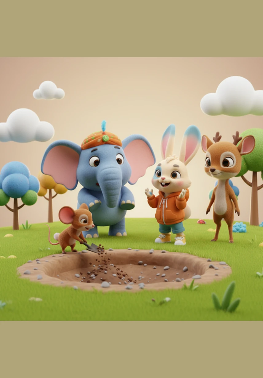 While the others wondered what to do, the tiny Mouse stepped forward with a determined look in his eyes. He began to dig at the edge of the pit with his small but busy paws, moving the earth bit by bit to create a gentle slope for the Elephant to use.