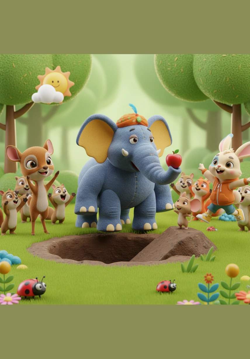 With the help of the ramp Mouse had carefully dug, Elephant was finally able to find his footing and heave himself out of the deep hole. All the animals gathered around, cheering loudly for their smallest friend whose big heart and hard work had saved the day.