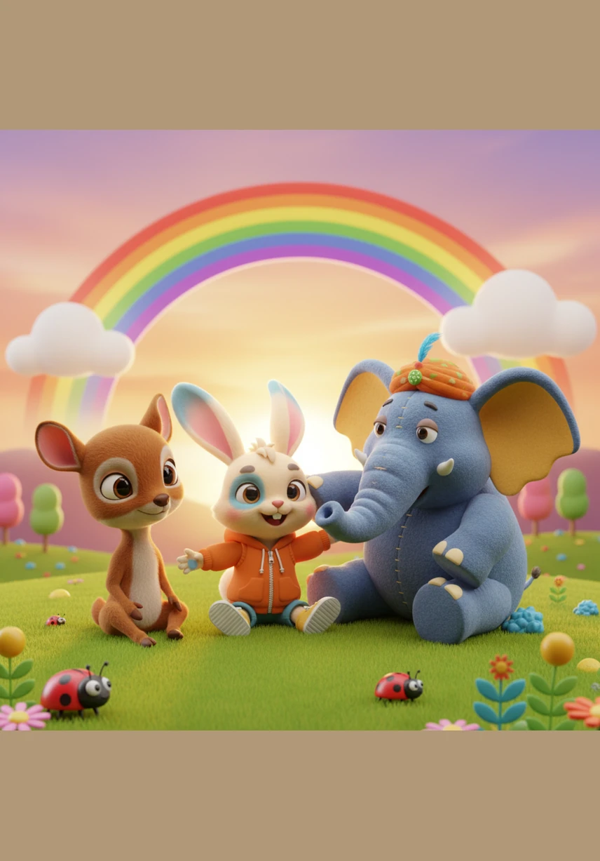 As a beautiful rainbow stretched across the colorful sky, the friends sat together in the warm glow of the sunset. They realized that every one of them was important, and they promised to always help each other because they were strongest when they worked together.