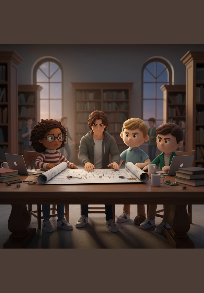 Leo and his three best friends sat around a heavy oak table in the university library as the final bell echoed through the halls. While most students rushed for the exits, they spread out their blueprints, determined to solve the final puzzle of their engineering project.