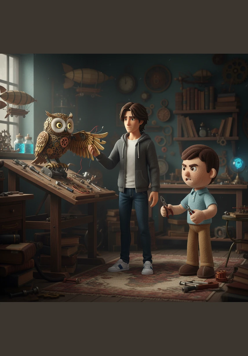 A small mechanical owl perched on a high shelf suddenly clicked to life, its brass wings whirring softly in the dim light. It hopped down and began to hop toward a heavy iron door at the back of the room, beckoning them to follow.