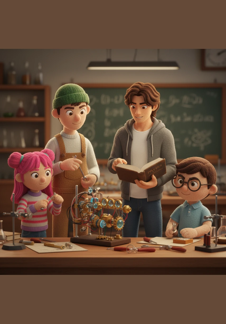 Using their combined skills, the four friends set to work, tightening bolts and recalibrating the delicate glass lenses. Leo directed the team while they used the very theories they had been studying all semester to bring the machine back to life.