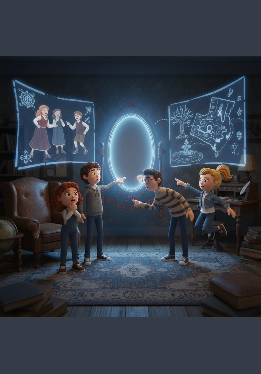 Suddenly, the room erupted in a soft blue glow as the Chronos Mirror flickered into existence. Holographic images of students from a century ago danced across the walls, showing them a map of a hidden treasure buried on the grounds.