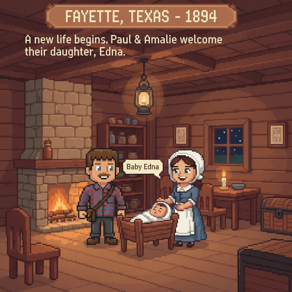In 1894, a new life began in Fayette, Texas. Baby Edna Suehs arrived, welcomed by her young parents, Paul and Amalie. Their humble home, depicted with