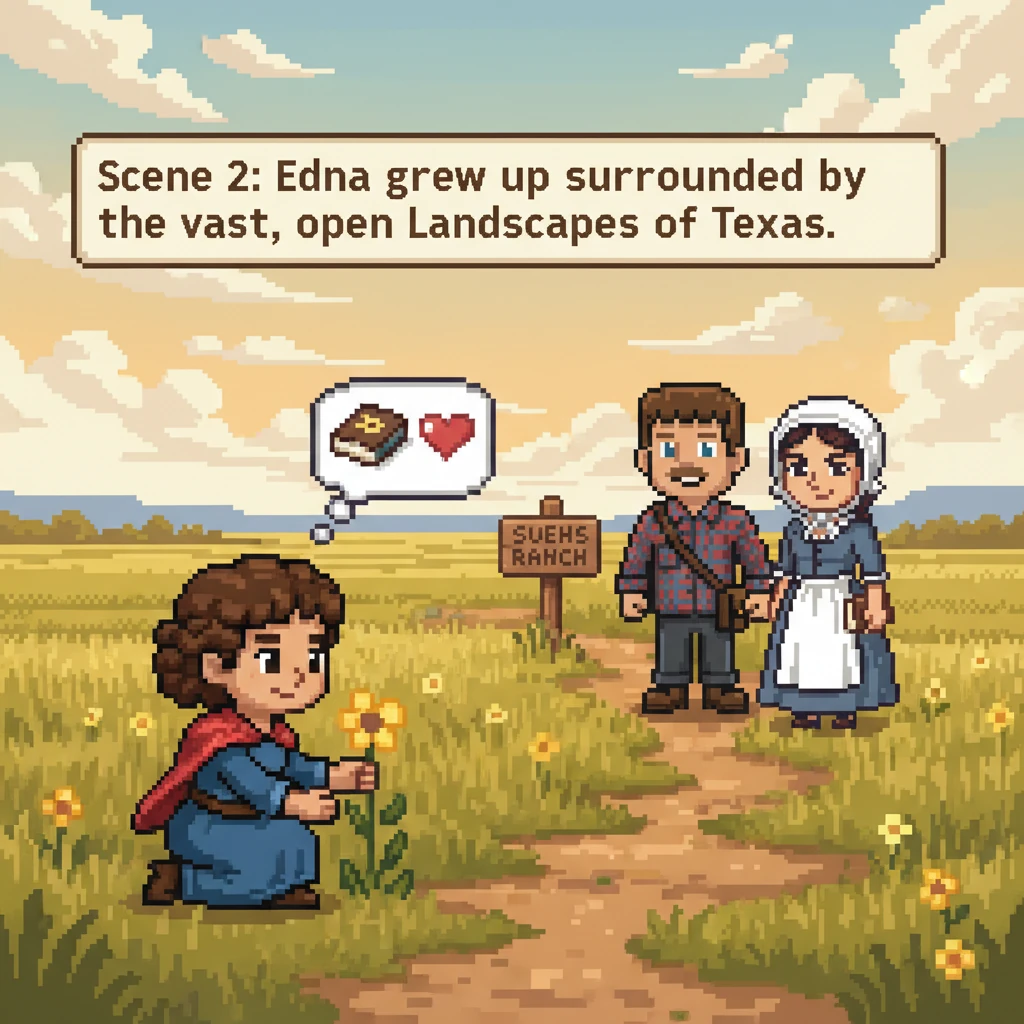 Edna grew up surrounded by the vast, open landscapes of Texas. Her childhood was filled with simple pleasures, exploring pixelated fields and dreaming