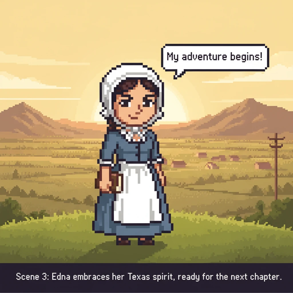 As Edna blossomed into a young woman, she carried the spirit of Texas within her. Her silhouette, a clear, elegant pixel form, stood against the backd