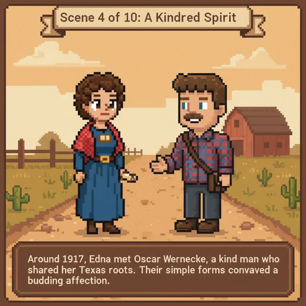 Around 1917, Edna met Oscar Wernecke, a kind man who shared her Texas roots. Their meeting, perhaps on a dusty pixelated road or at a community gather