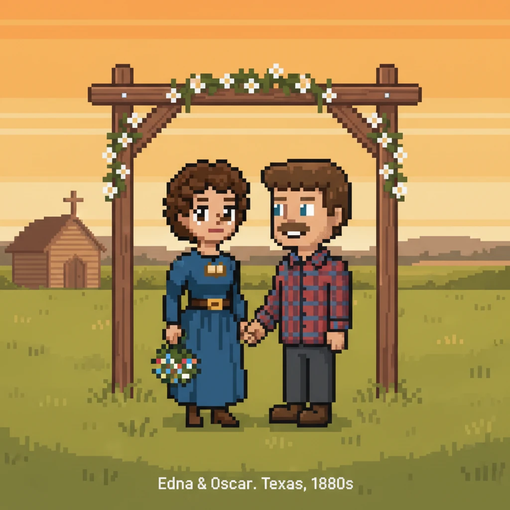 Edna and Oscar united in marriage, pledging their love in a quiet Texas ceremony. The scene was marked by the bold, limited colors of a hopeful new be