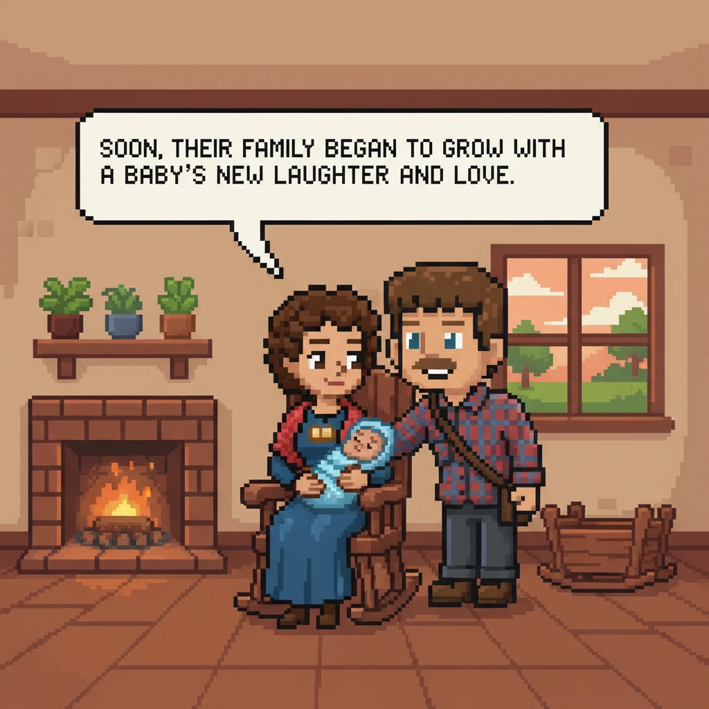 Soon, their family began to grow with the arrival of their first child. Edna embraced motherhood with warmth and dedication, her pixelated arms gently