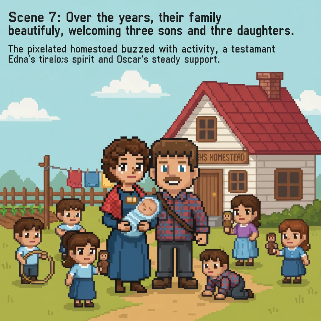 Over the years, their family expanded beautifully, welcoming three sons and three daughters. The pixelated homestead buzzed with activity, a testament