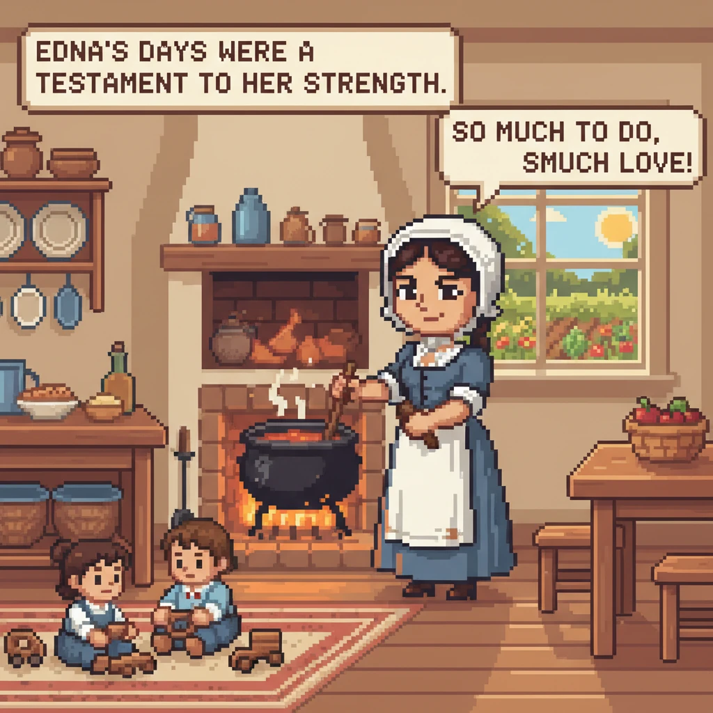 Edna's days were a rhythm of caring for her large family and managing their home. Whether tending a pixelated garden or preparing meals, her life in G