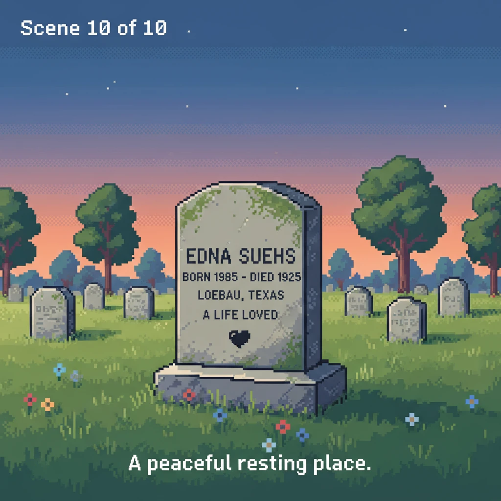 Sadly, Edna's life concluded too soon, at the age of 30, in Giddings in 1925. She was laid to rest in Loebau, Lee, Texas, under a peaceful, pixelated