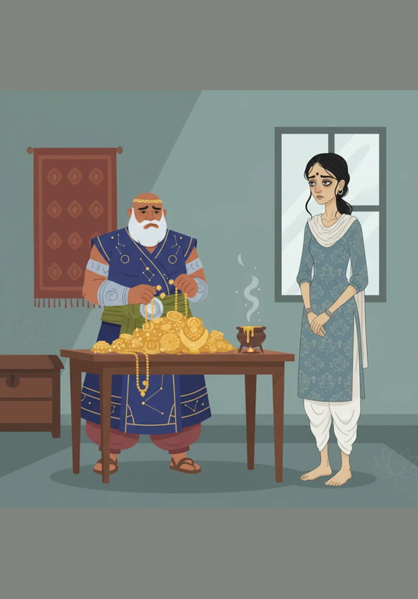 Gold jewelry and family heirlooms are piled on a table as Nishumbha takes them with a practiced expression of sorrow and struggle. He speaks of a mysterious business venture while Ambika watches her heritage being melted down to fund his invisible dreams.
