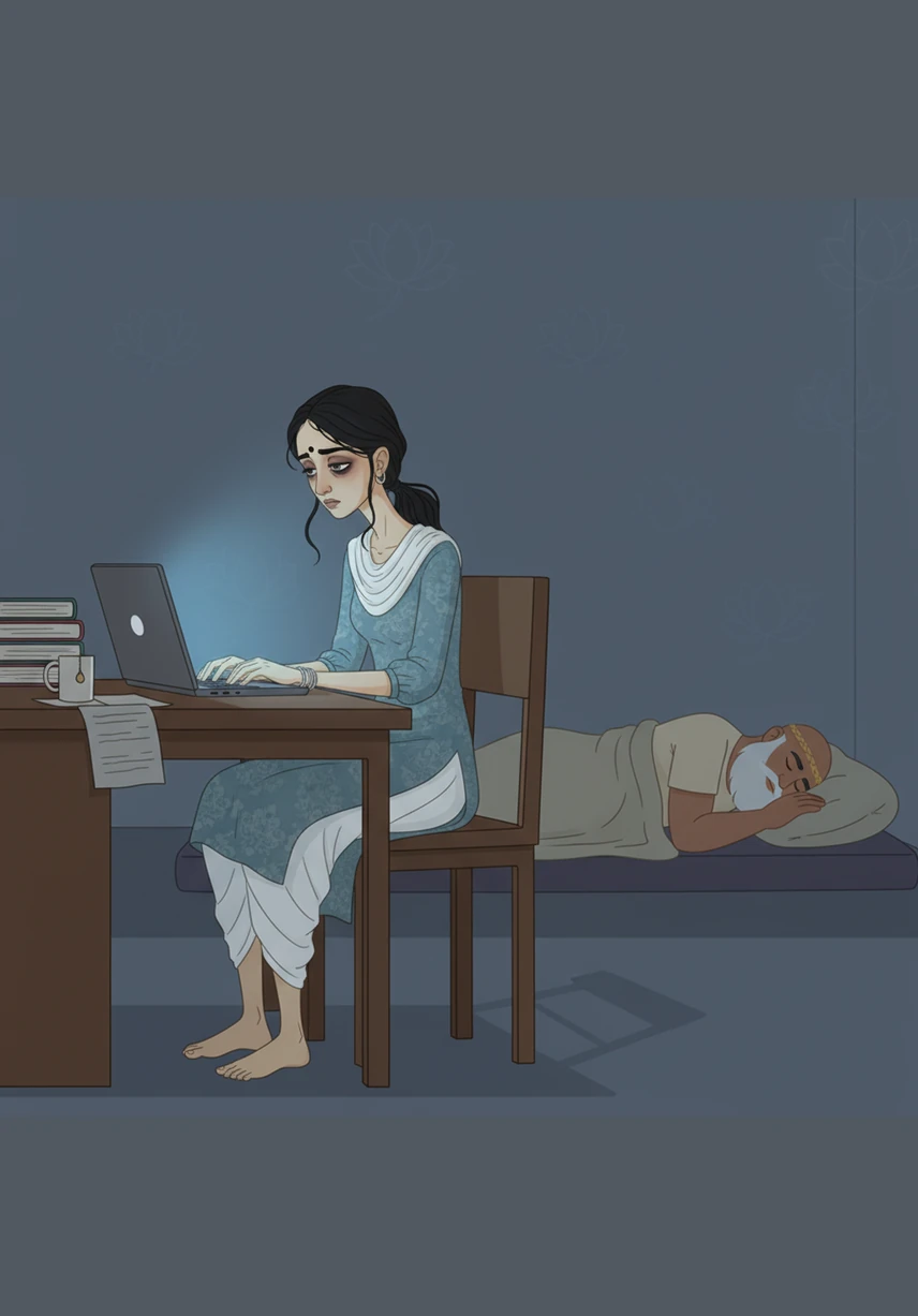 In the dim light of a late night, Ambika continues to work at her computer while Nishumbha sleeps comfortably in the background. Her face is drawn and tired, showing the physical toll of working twelve-hour shifts to finance a lifestyle she barely enjoys.