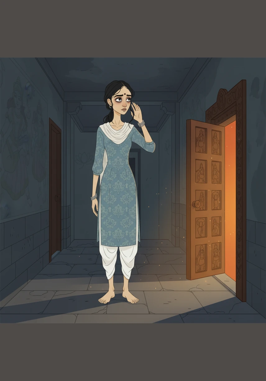 Ambika stands perfectly still in a darkened hallway, her head tilted as she listens to the sound of footsteps outside the door. She has learned to read the rhythm of the floorboards, knowing that a heavy step means she must make herself even smaller to avoid conflict.
