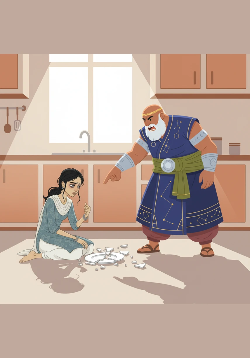 A ceramic plate lies shattered on the kitchen floor, its pieces reflecting the harsh overhead light. Nishumbha stands over her, his shadow looming large, as he hurls words that cut deeper and last much longer than the broken porcelain.