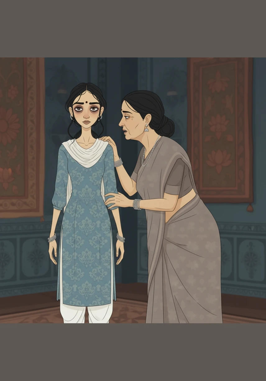 An elder relative pulls Ambika aside in a quiet corner, advising her that a woman’s greatest virtue is her silence and endurance. Ambika looks back with a steady gaze, finally understanding that waiting for a justice that never arrives is no longer an option.