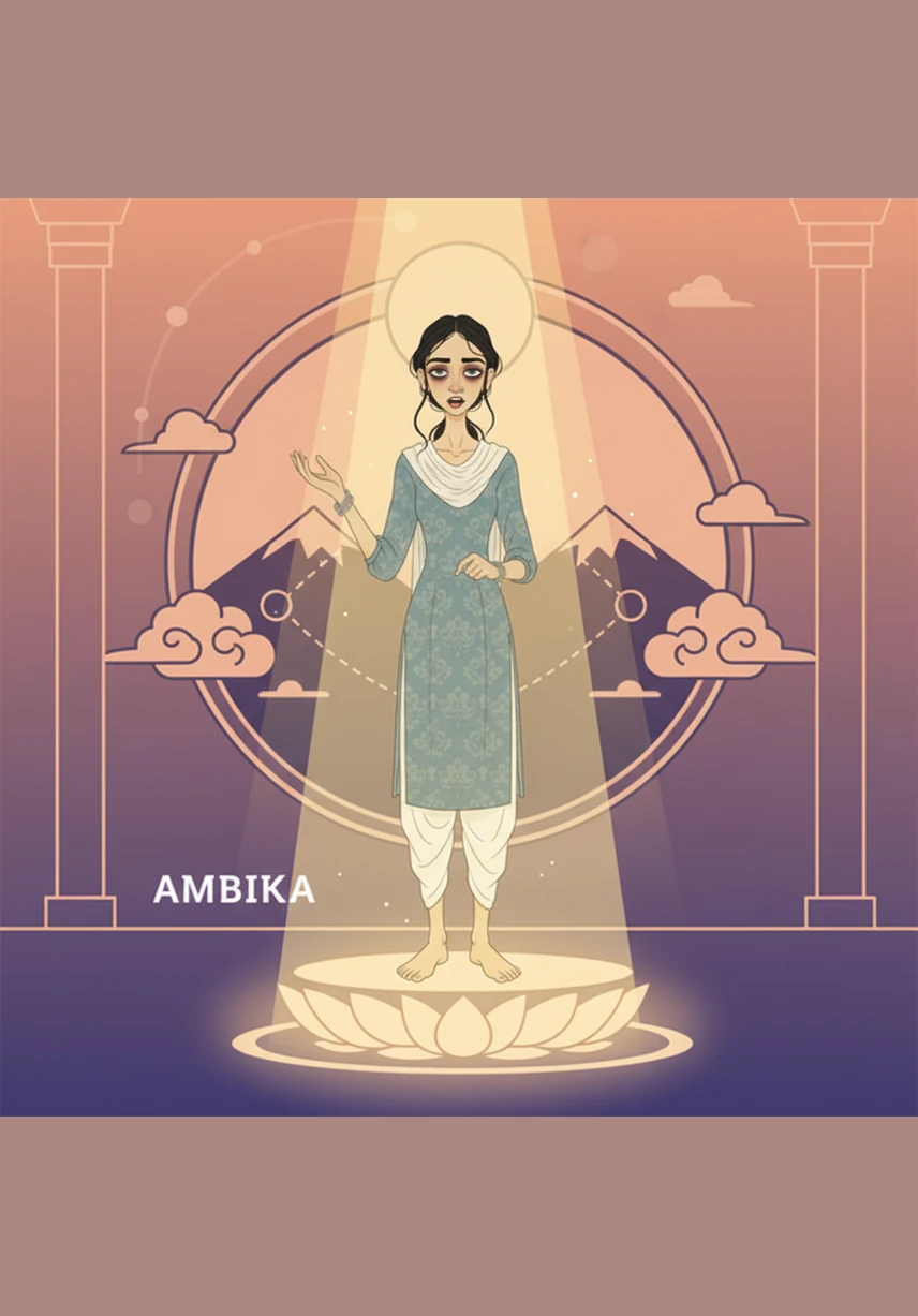 Ambika stands tall in a courtroom of light, her voice clear and unwavering as she finally tells her own story. Behind her, a powerful and divine shadow suggests she is no longer alone, marking the moment her struggle transforms into a legacy of justice.