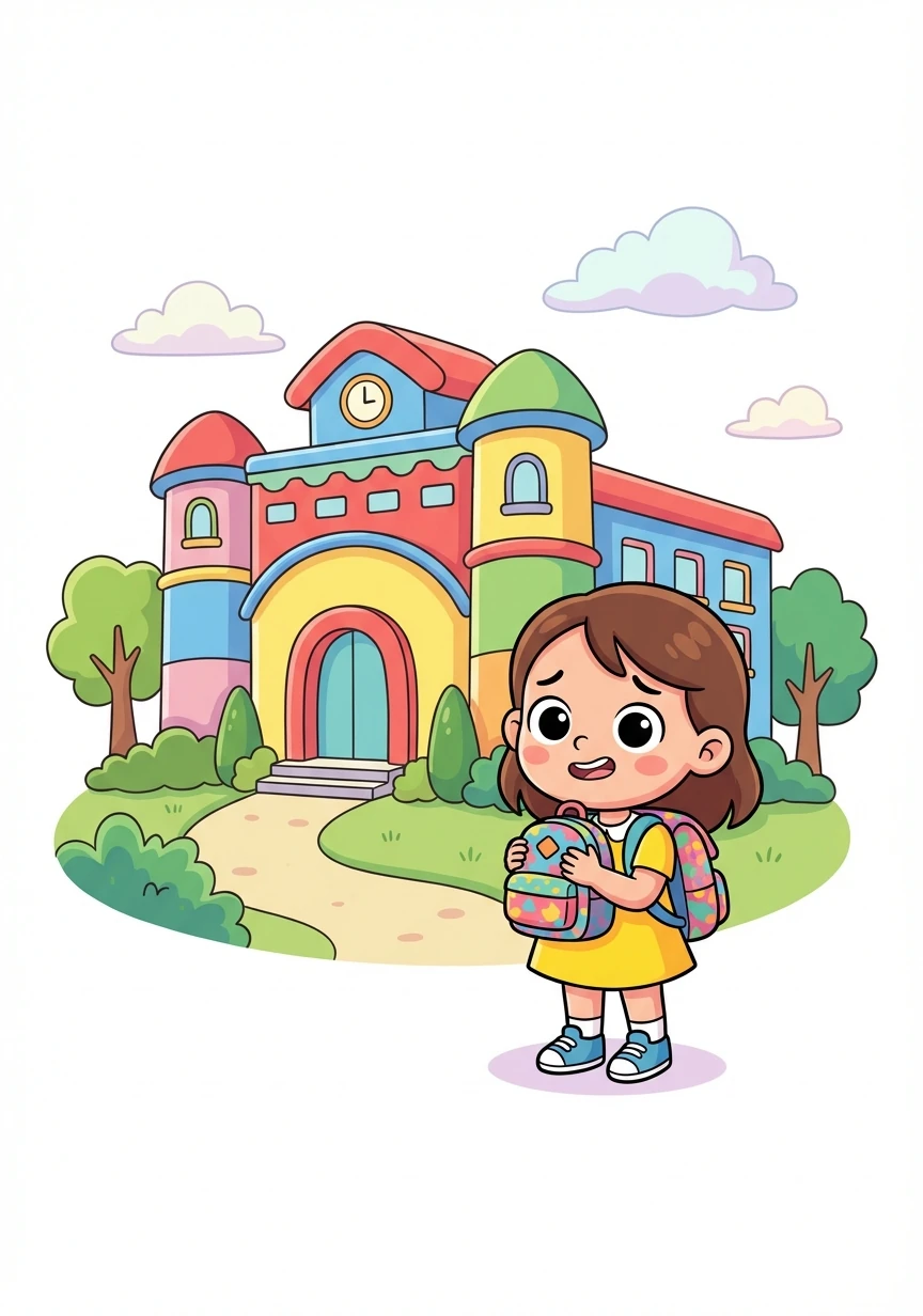 Sofia chega ao primeiro dia de aula, nervosa e animada. Ela segura sua mochila nova e observa a escola grande e colorida.