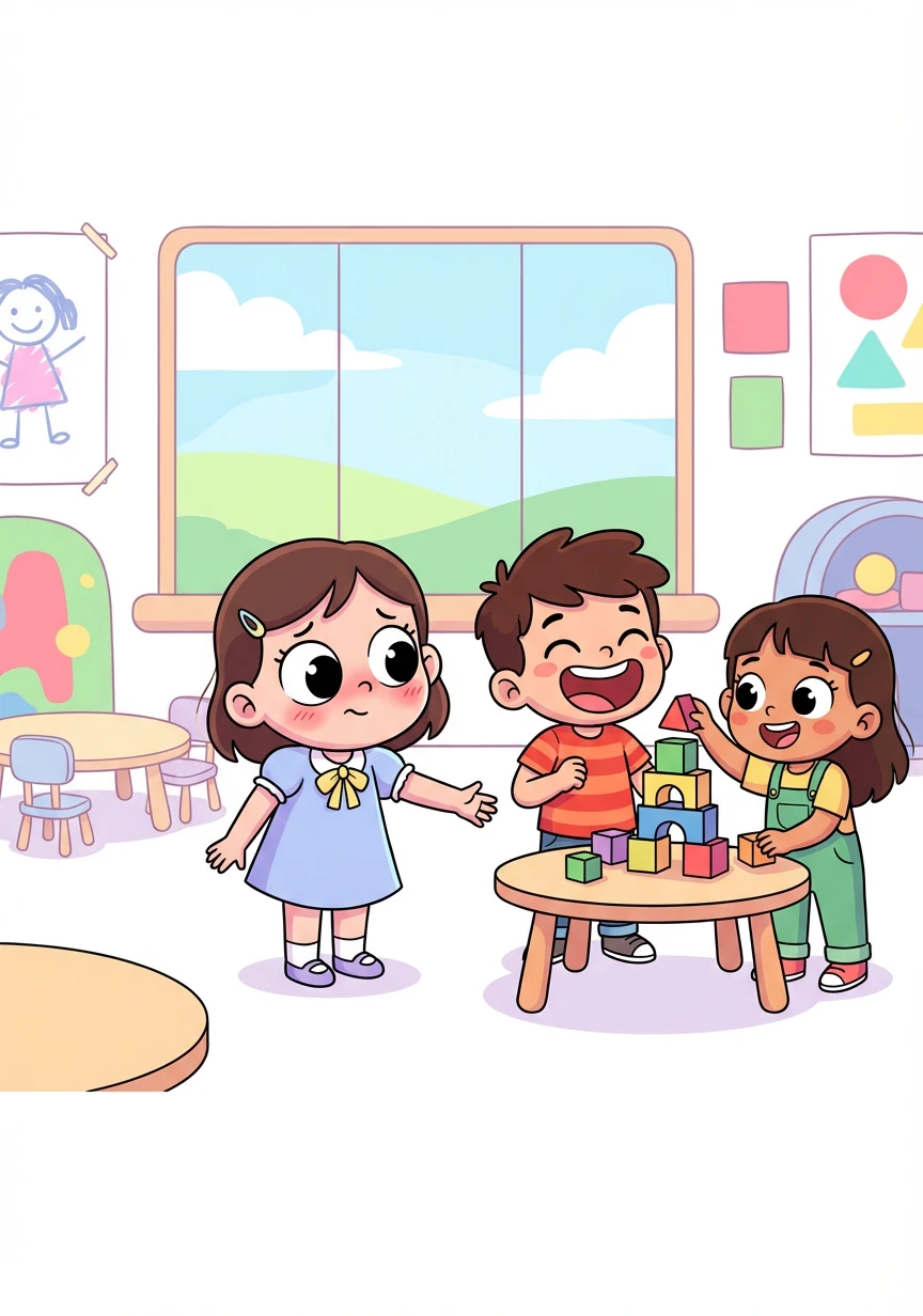 Na sala de aula, Sofia conhece seus colegas de classe. Ela se sente um pouco tímida, mas logo faz amizade com Pedro e Maria.