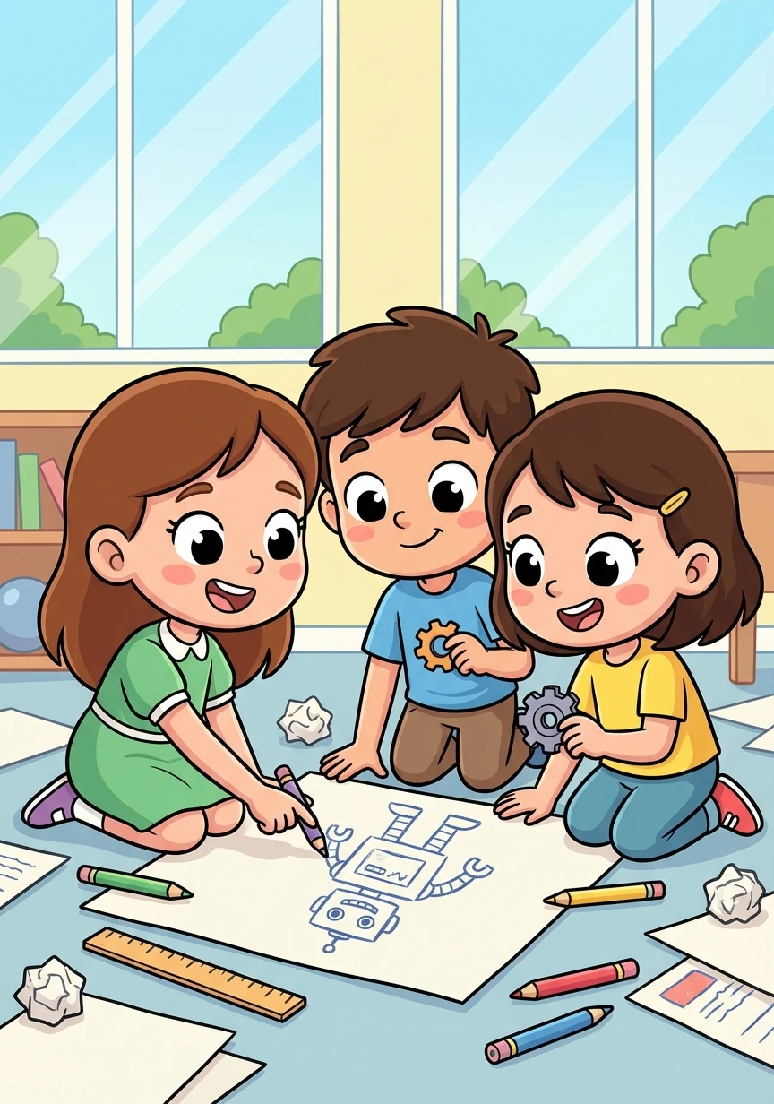 Sofia, Pedro e Maria formam um grupo e decidem construir um robô que ajuda a limpar a escola. Eles começam a planejar.