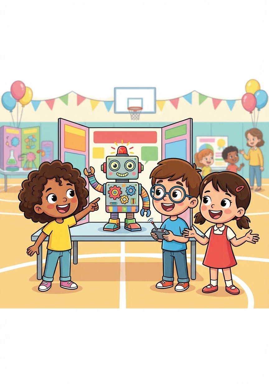 Chega o dia da feira de ciências. O robô de Sofia, Pedro e Maria está pronto para ser apresentado.