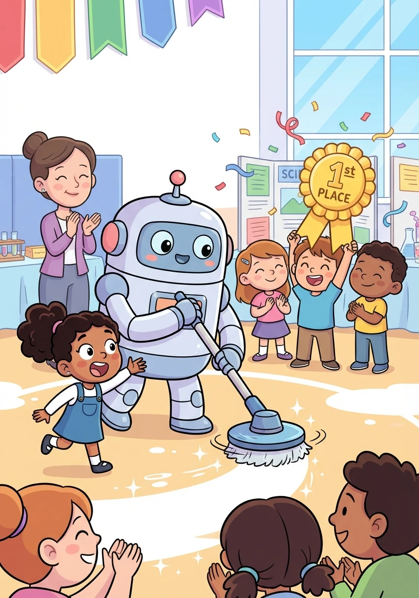 O robô impressiona a todos com sua capacidade de limpar a escola. O grupo ganha o primeiro lugar na feira de ciências.